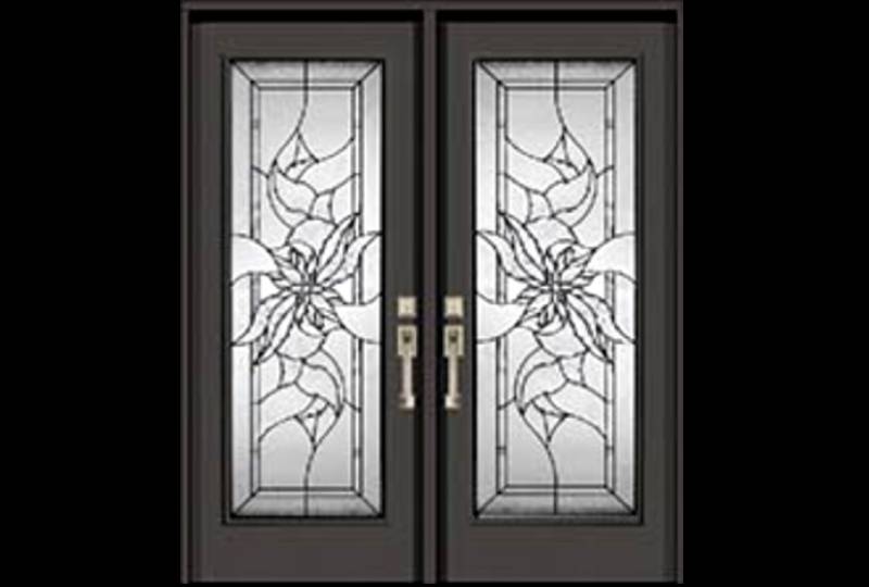 Double entry doors with floral stained glass panels