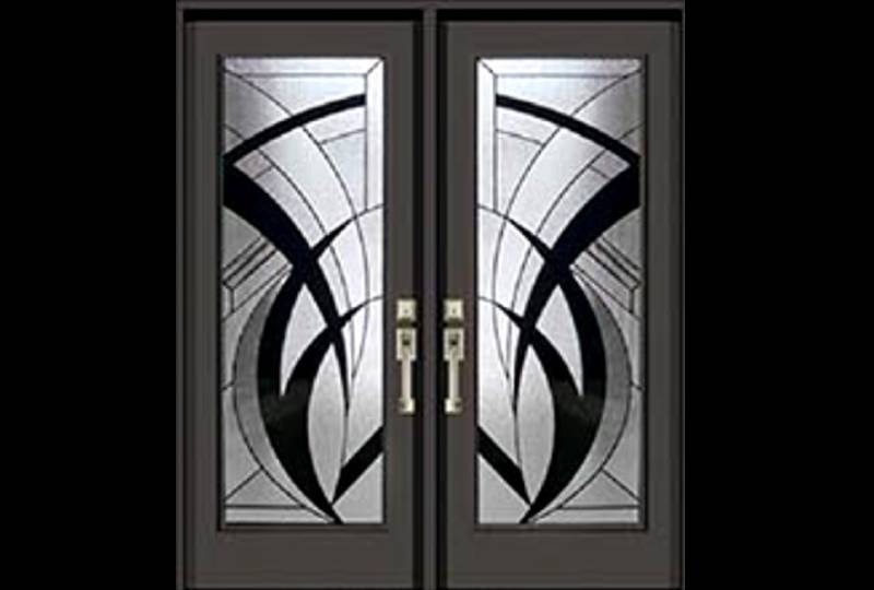 Modern glass doors with abstract geometric design.